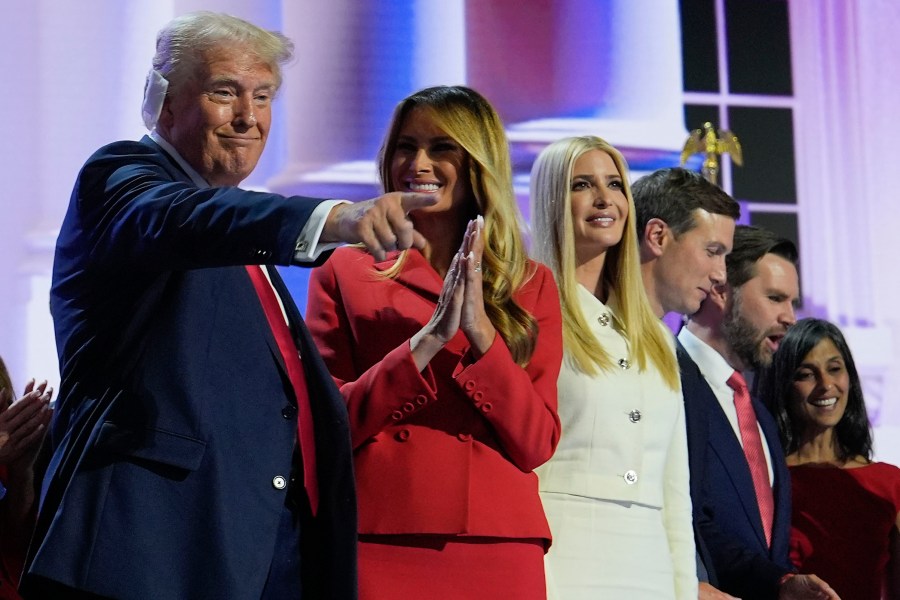 Republican presidential candidate former President Donald Trump, left, stands on stage with Melania Trump, Ivanka Trump, Jared Kushner and Republican vice presidential candidate Sen. JD Vance, R-Ohio, after speaking during the Republican National Convention, Thursday, July 18, 2024, in Milwaukee. (AP Photo/Julia Nikhinson)