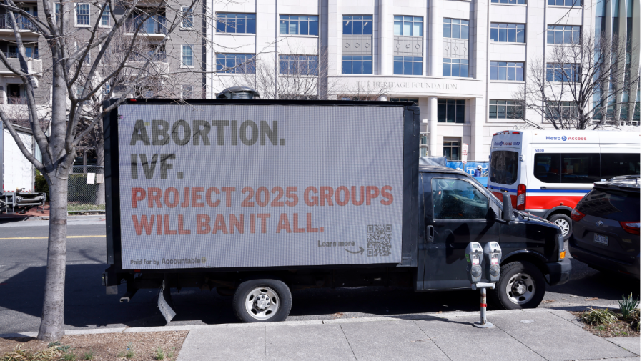 Government watchdog Accountable.US launches its "Expose Project 2025" campaign outside of The Heritage Foundation on March 01, 2024 in Washington, DC. (Photo by Paul Morigi/Getty Images for Accountable.US)