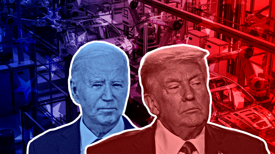 Cut outs of President Biden and former President Trump superimposed over a car assembly line.