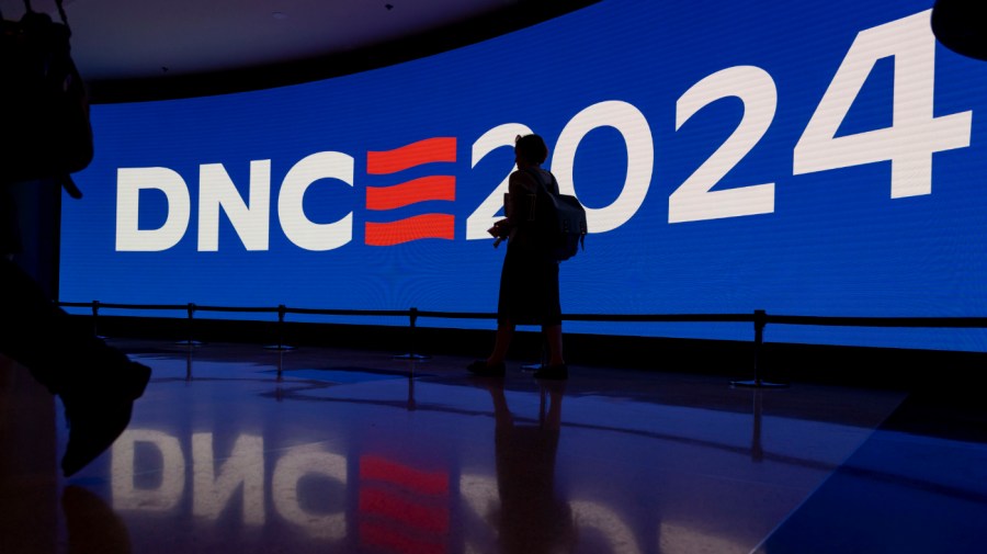 Signage is displayed during a walkthrough of the Democratic National Convention on May 22, 2024, at the United Center. (Brian Cassella/Chicago Tribune/Tribune News Service via Getty Images)