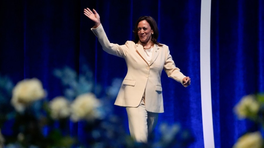 Vice President Kamala Harris waves as she is introduced during the Zeta Phi Beta Sorority, Inc.'s Grand Boulé, Wednesday, July 24, 2024, in Indianapolis.