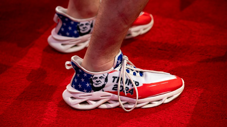 Custom shoes with former President Trump are seen during the Republican National Convention