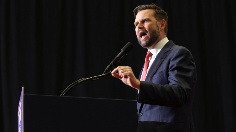 Republican vice presidential nominee, U.S. Sen. J.D. Vance (R-OH) speaks at a campaign rally at Radford University on July 22, 2024 in Radford, Virginia. Vance is on the first campaign swing for either presidential ticket since President Joe Biden yesterday abruptly ended his reelection bid and threw his support behind Vice President Kamala Harris. (Photo by Alex Wong/Getty Images)