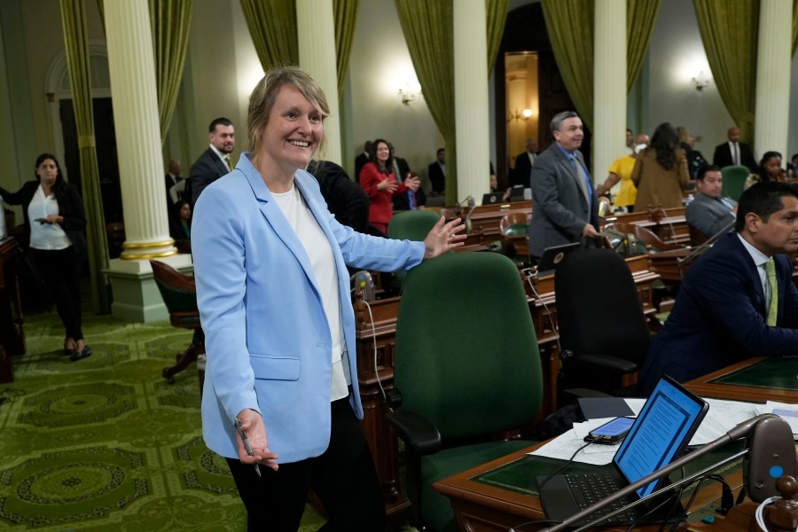 FILE - Assemblywoman Buffy Wicks, D-Oakland, smiles after measure that would force Big Tech companies to pay media outlets for using their news content was approved by the Assembly at the Capitol in Sacramento, Calif., June 1, 2023. (AP Photo/Rich Pedroncelli, File)