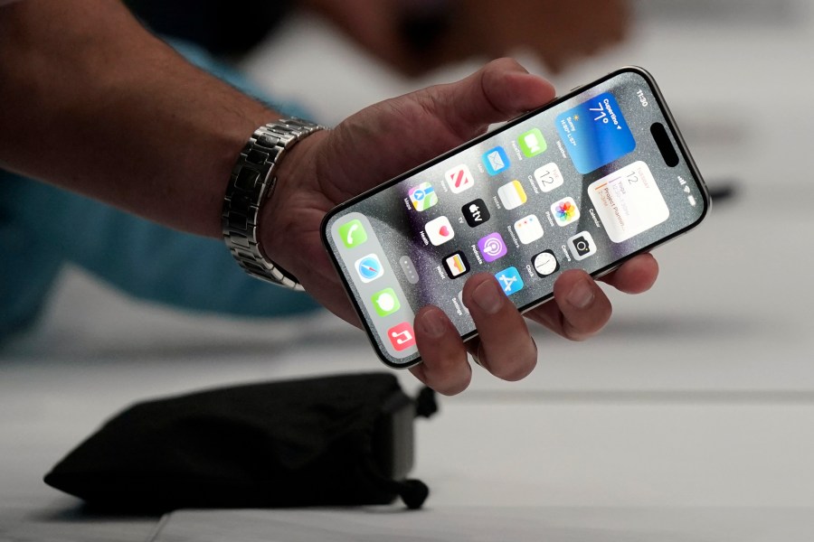 FILE - The iPhone 15 Pro is shown after its introduction on the Apple campus, Sept. 12, 2023, in Cupertino, Calif. (AP Photo/Jeff Chiu, File)