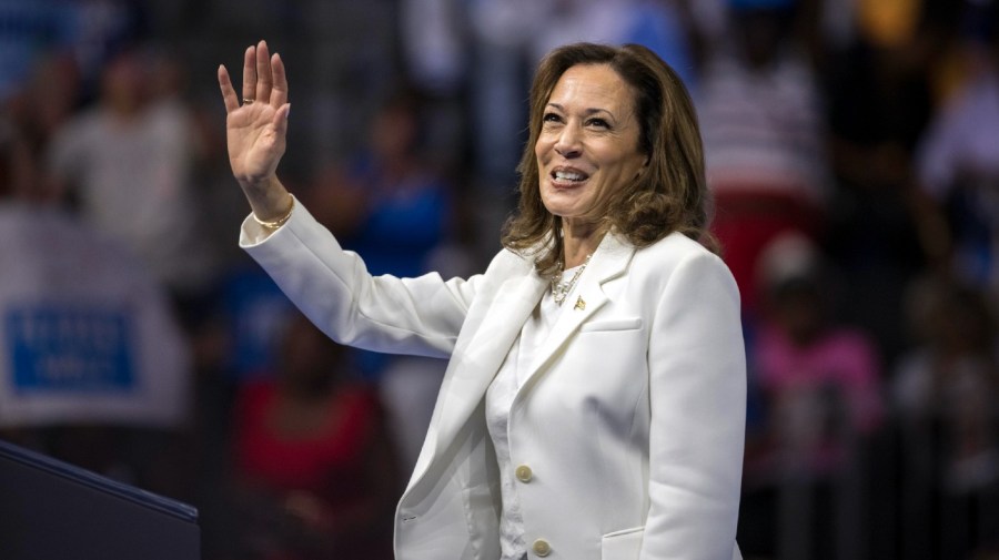 Democratic presidential nominee Vice President Kamala Harris waves at a campaign rally Thursday, Aug. 29, 2024, in Savannah, Ga.