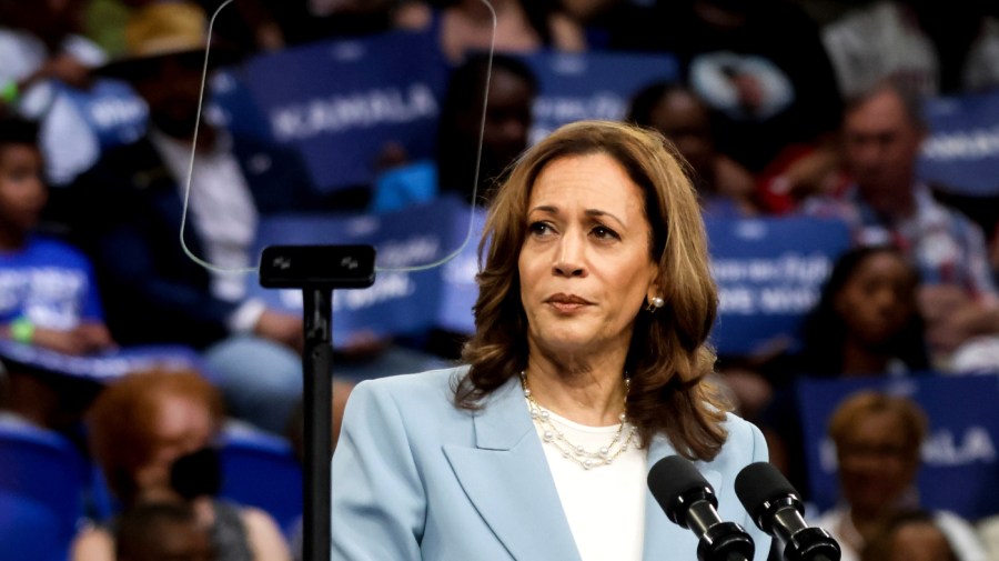 US Vice President Kamala Harris during a campaign event in Atlanta, Georgia, US, on Tuesday, July 30, 2024. Harris pledged to find bipartisan agreement on the US-Mexico border at a rally in Georgia, seeking to blunt a line of attack from her rival Donald Trump and address one of her campaign's biggest political liabilities. Photographer: Christian Monterrosa/Bloomberg via Getty Images