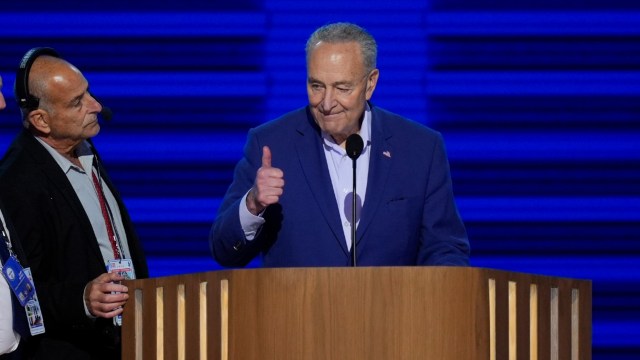 Sen. Majority Leader Chuck Schumer, D-N.Y., gestures during microphone check at the Democratic National Convention Monday, Aug. 19, 2024, in Chicago.