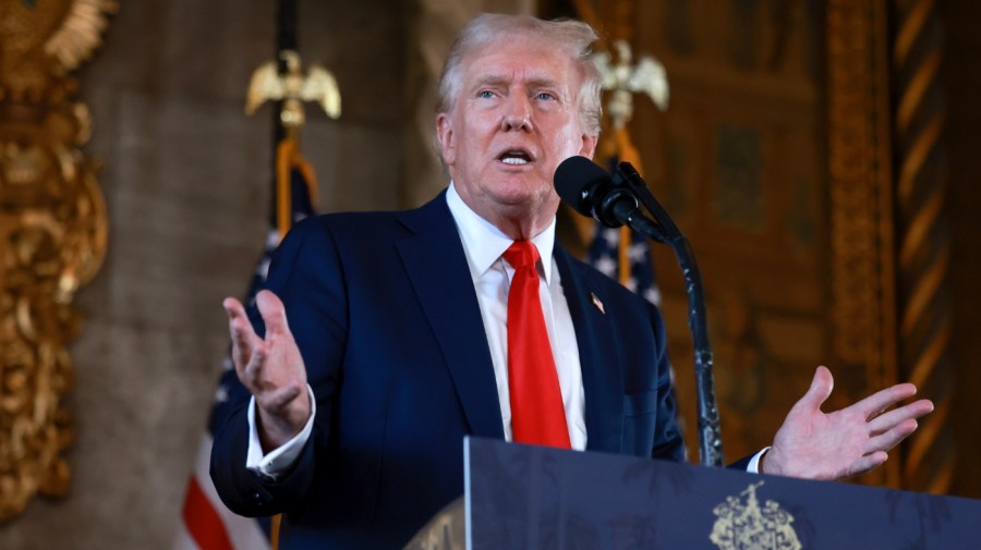 Republican presidential candidate former President Donald Trump speaks during a press conference at Mr. Trump's Mar-a-Lago estate on August 08, 2024, in Palm Beach, Florida. Polls currently show a close race between Trump and Democratic presidential candidate, U.S. Vice President Kamala Harris. (Photo by Joe Raedle/Getty Images)