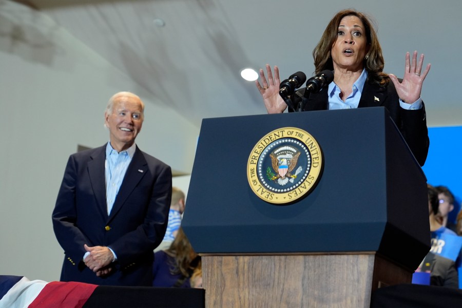 President Joe Biden and Democratic presidential nominee Vice President Kamala Harris campaign at the IBEW Local Union #5 union hall in Pittsburgh on Labor Day, Monday, Sept. 2, 2024. (AP Photo/Susan Walsh)