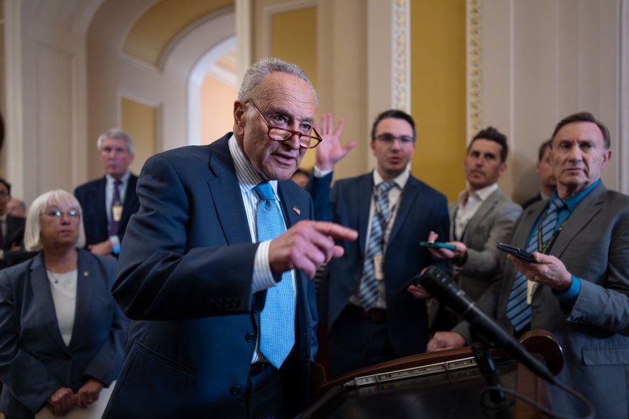 Senate Majority Leader Chuck Schumer, D-N.Y., speaks to reporters as the Senate prepares to vote for the second time this year on whether to consider legislation that would establish a nationwide right to in vitro fertilization, at the Capitol in Washington, Tuesday, Sept. 17, 2024. (AP Photo/J. Scott Applewhite)