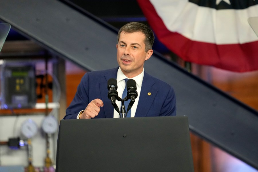 Transportation Secretary Pete Buttigieg speaks before President Joe Biden during a visit to the U.A. Local 190 Training Center in Ann Arbor, Mich., Friday, Sept. 6, 2024. (AP Photo/Paul Sancya)