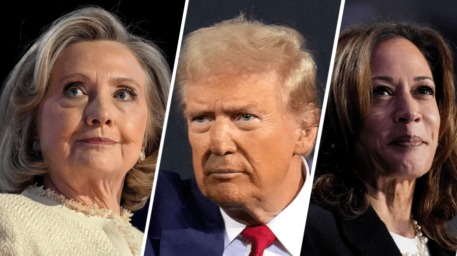 Former Secretary of State Hillary Clinton, former President Trump and Vice President Harris.