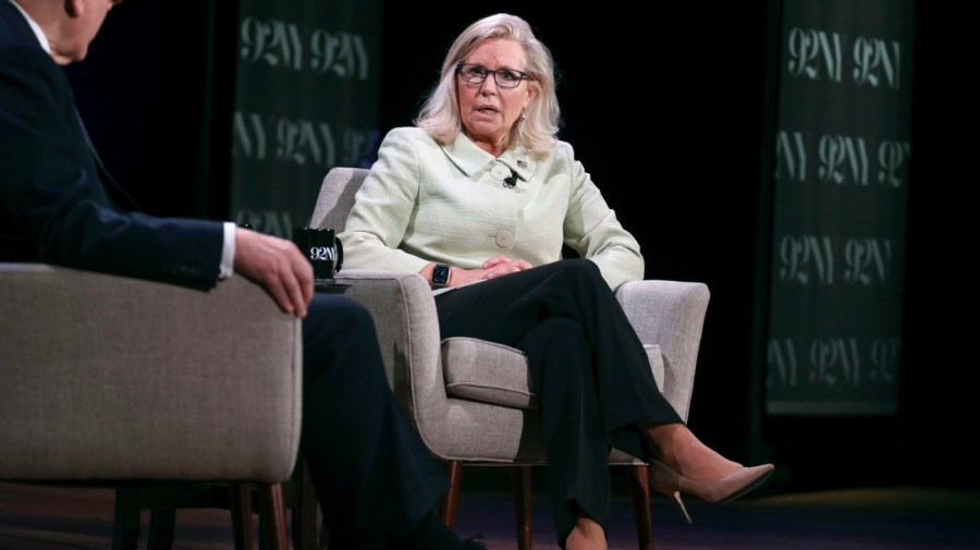 Former Congresswoman Liz Cheney appears onstage in conversation with David Rubenstein at the 92nd Street Y on Monday, June 26, 2023, in New York. (Photo by Andy Kropa/Invision/AP)