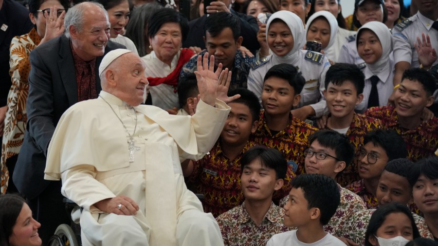 Pope Francis interacts with the young people of Scholas Occurrentes at Grha Pemuda Youth Center in Jakarta, Indonesia, Wednesday, Sept. 4, 2024.