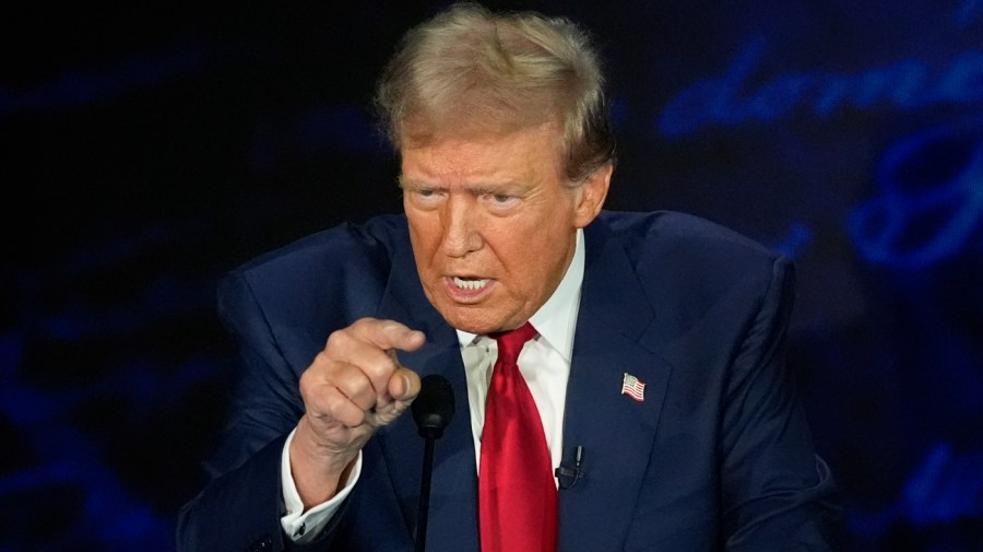 Republican presidential nominee former President Donald Trump speaks during a presidential debate with Democratic presidential nominee Vice President Kamala Harris at the National Constitution Center, Tuesday, Sept.10, 2024, in Philadelphia. (AP Photo/Alex Brandon)'