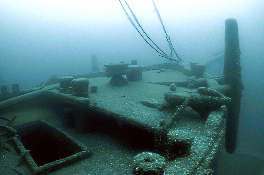 FILE - In this June 2021 image taken from video provided by the Thunder Bay National Marine Sanctuary, the bow of the Ironton is seen in Lake Huron off Michigan's east coast. (Thunder Bay National Marine Sanctuary via AP, File)