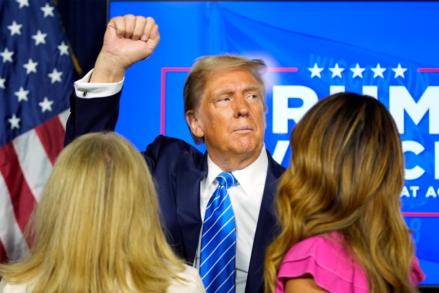 Republican presidential nominee former President Donald Trump gestures at a campaign event at Discovery World, Friday, Oct. 1, 2024, in Milwaukee. (AP Photo/Alex Brandon)