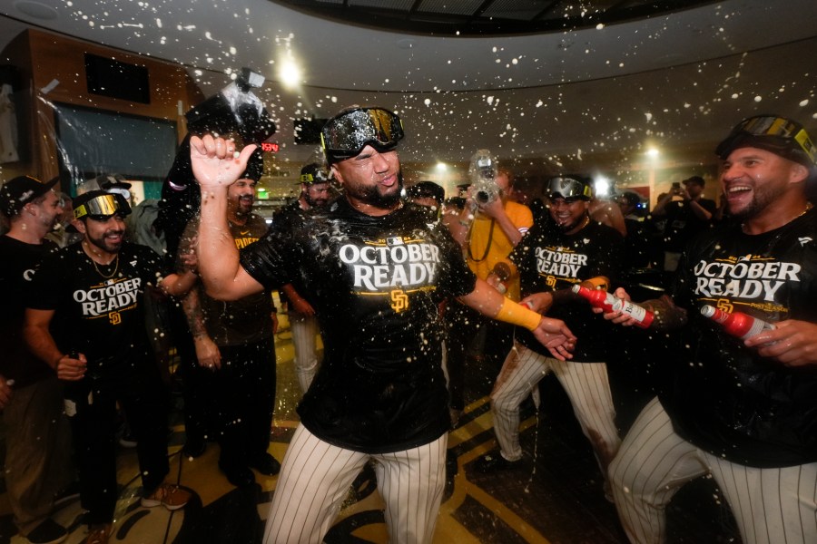 San Diego Padres players celebrate in the dugout after defeating the Atlanta Braves in Game 2 of an NL Wild Card Series baseball game Wednesday, Oct. 2, 2024, in San Diego. (AP Photo/Gregory Bull)