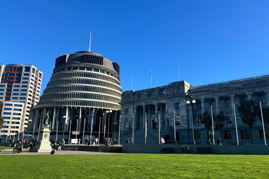 FILE - People arrive at Parliament in Wellington, New Zealand, Wednesday, July 24, 2024. (AP Photo/Charlotte Graham-McLay, File)