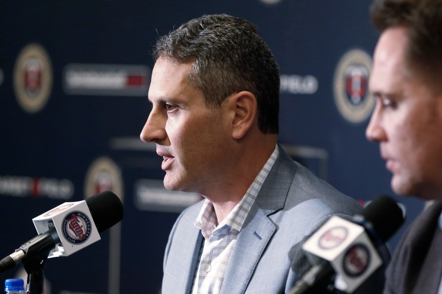 FILE - Minnesota Twins general manager Thad Levine answers a question during a baseball news conference, Oct.2, 2018, in Minneapolis. (AP Photo/Jim Mone, File)