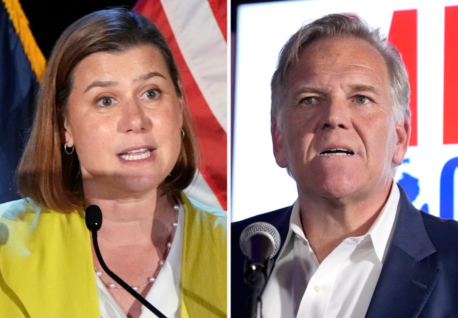 This combination photo of Michigan Senate candidates shows Rep. Elissa Slotkin, D-Mich., in Detroit, Aug. 6, 2024, left, and former Rep. Mike Rogers, R-Mich., Aug. 6, 2024, in Lake Orion, Mich. (AP Photo)