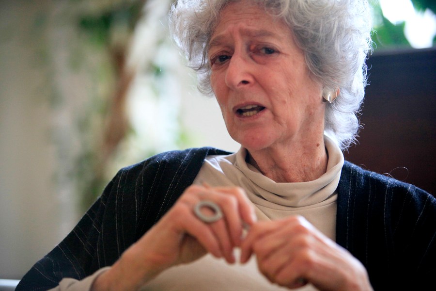 FILE - Author Lore Segal gestures during an interview in New York, Feb. 19, 2010. (AP Photo/Mary Altaffer, File)