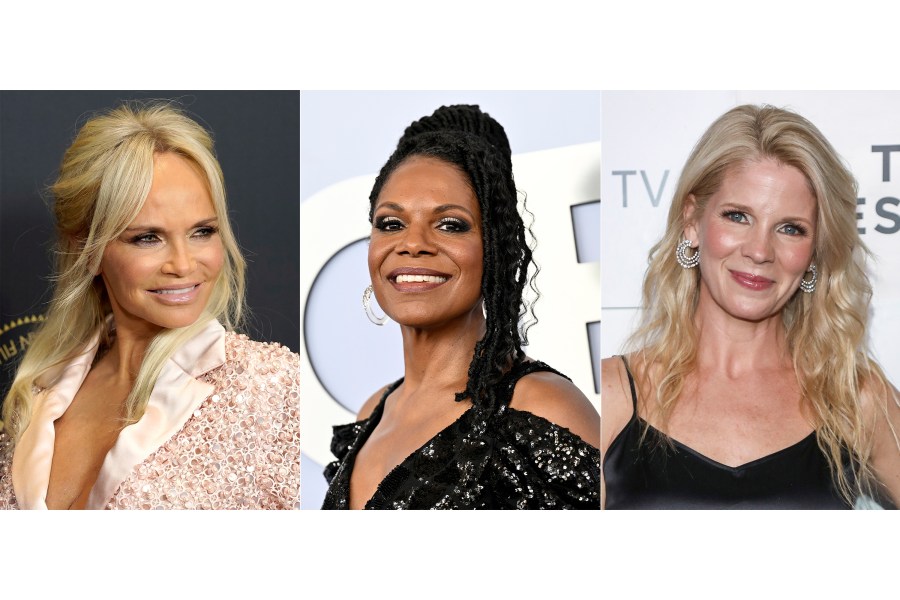 This combination of images shows actors, from left, Kristin Chenoweth, Audra McDonald, and Kelli O'Hara, who will participate in a campaign rally in New York on Monday for Democratic presidential nominee Vice President Kamala Harris. (AP Photo)