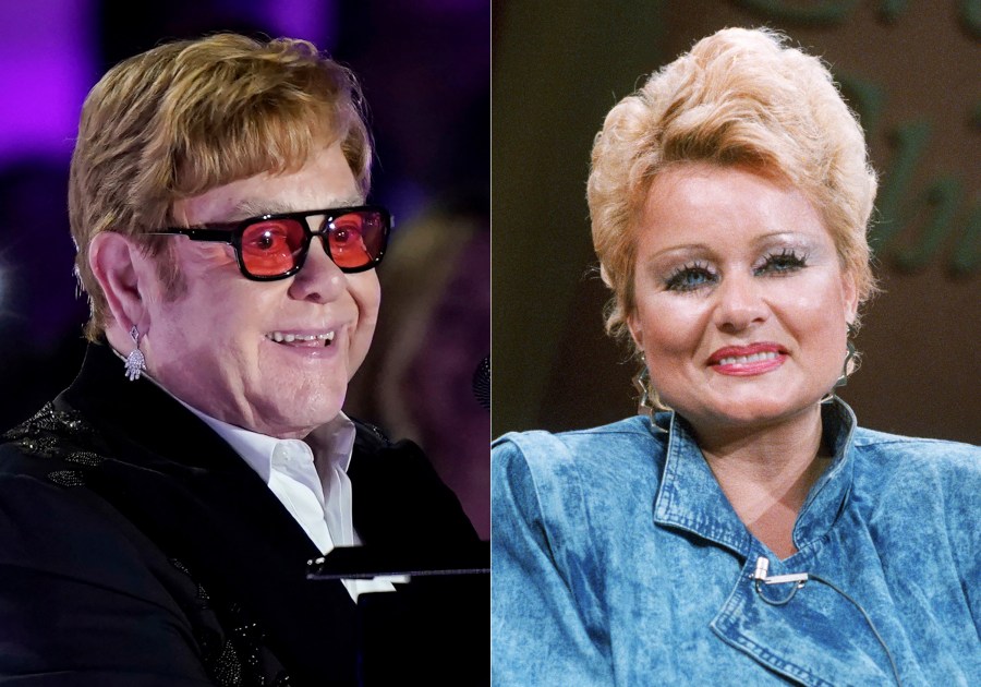 Elton John performs on the South Lawn of the White House in Washington on Sept. 23, 2022, left, and Tammy Faye Bakker appears during the taping of an infomercial in 1987. (AP Photo)