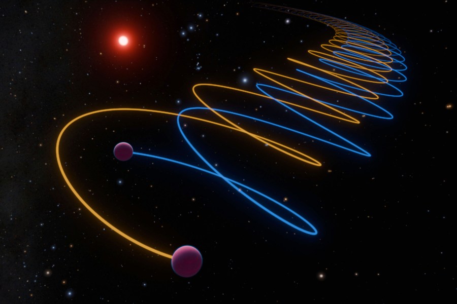 This illustration provided by Caltech depicts the orbits of brown dwarf twins, Gliese 229Ba and Gliese 229Bb, with a separation only 16 times larger than the distance between Earth and the Moon. The pair of stars orbits a cool M-dwarf star every 250 years. (K. Miller, R. Hurt/Caltech/IPAC)