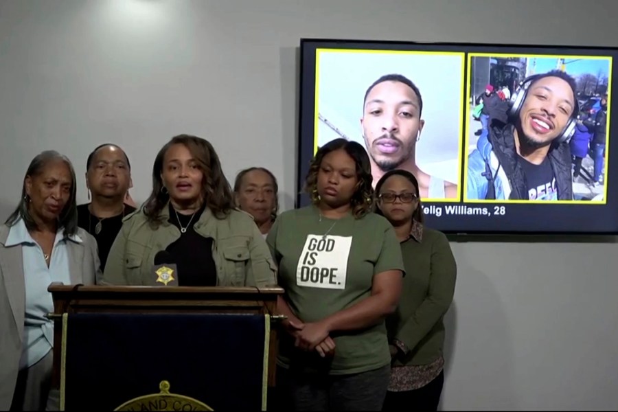 In this photo provided by Richland County Sheriff’s Office, Mieoki Corbett-Jacobs, center, talks about the search for her cousin 28-year-old Zelig Williams, a dancer who went missing on Oct. 3, during a news conference on Wednesday, Oct. 16, 2024 in Columbia, S.C. (Richland County Sheriff’s Office via AP)