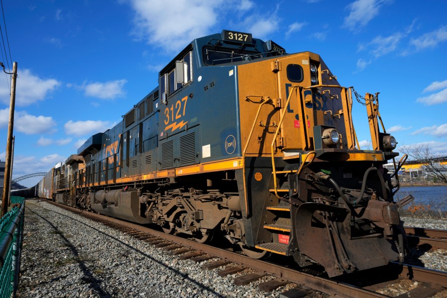 FILE - A CSX freight train sits on a siding in downtown Pittsburgh, Nov. 19, 2022. (AP Photo/Gene J. Puskar, File)