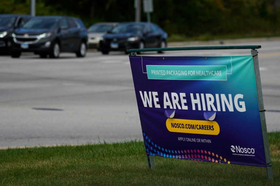 FILE - A hiring sign is seen in Waukegan, Ill., on Sept. 28, 2024. (AP Photo/Nam Y. Huh, File)