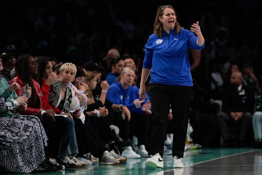 Minnesota Lynx head coach Cheryl Reeve reacts during the third quarter of Game 5 of the WNBA basketball final series against the New York Liberty, Sunday, Oct. 20, 2024, in New York. (AP Photo/Pamela Smith)