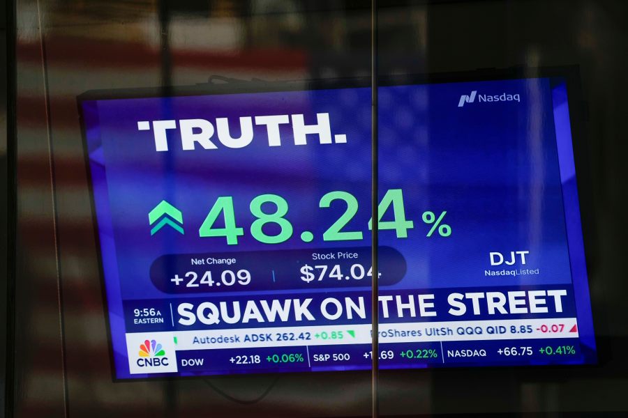 FILE - The stock price for Truth Social is shown at the Nasdaq building on March 26, 2024, in New York. (AP Photo/Frank Franklin II, File)