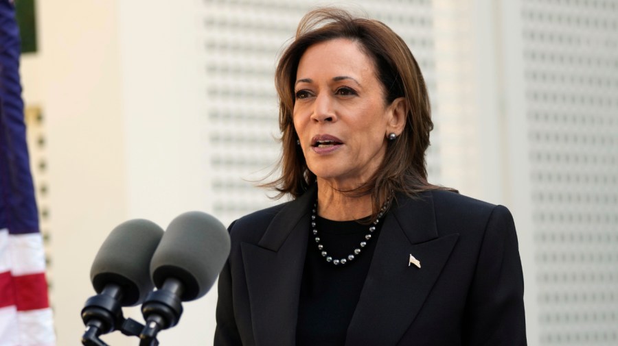 Democratic presidential nominee Vice President Kamala Harris speaks before planting a memorial tree on the grounds of the Vice President's residence in Washington on Monday, Oct. 7, 2024, to honor the victims and mark one year since the Oct. 7, 2023, Hamas attack on Israel. (AP Photo/Ben Curtis)