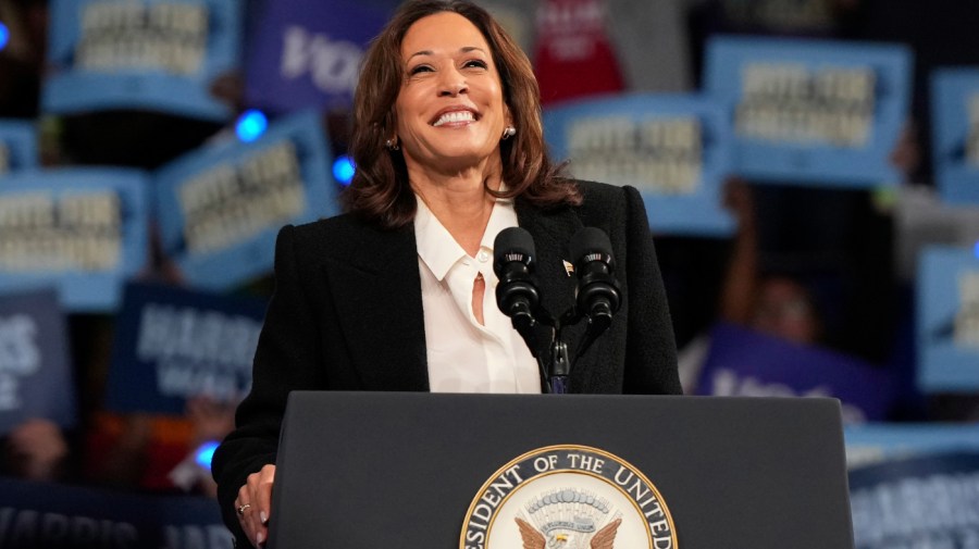 Democratic presidential nominee Vice President Kamala Harris speaks during a campaign event at East Carolina University, Sunday, Oct. 13, 2024, in Greenville, N.C. (AP Photo/David Yeazell)