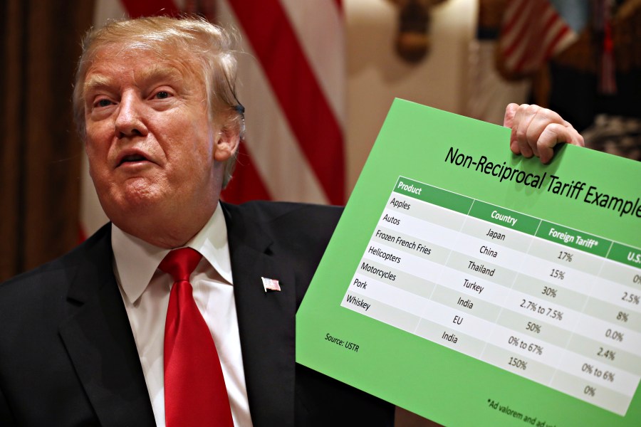 President Donald Trump holds up examples of tariffs, Thursday, Jan. 24, 2019, in the Cabinet Room of the White House in Washington. (AP Photo/Jacquelyn Martin)