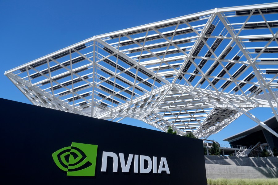 FILE - A sign to a Nvidia office building is shown in Santa Clara, Calif., on Aug. 7, 2024. (AP Photo/Jeff Chiu, File)